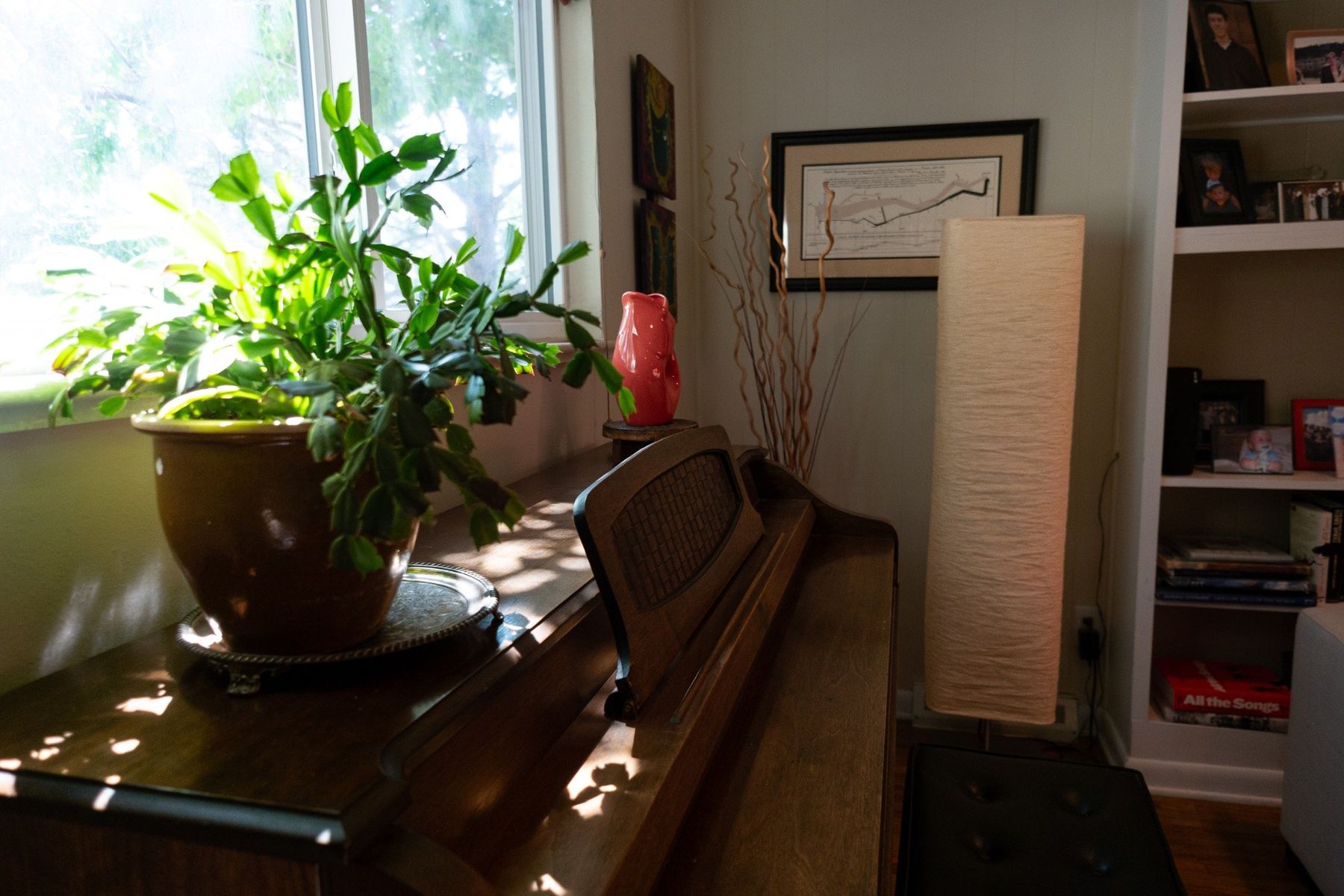 Piano and plant detail in a naturally lit living space